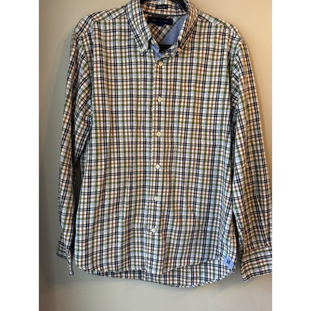 Tommy Hilfiger Mens Slim Fit Plaid Button Down Shirt Long Sleeve Green Brown